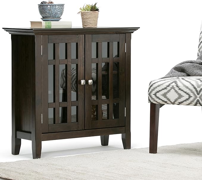 SIMPLIHOME Bedford Storage Cabinet - 32 inch Wide Solid Wood Low Media Cabinet in Dark Tobacco Brown, Transitional Console for Living Room, Entryway, or Dining Room with Glass Doors and Shelves