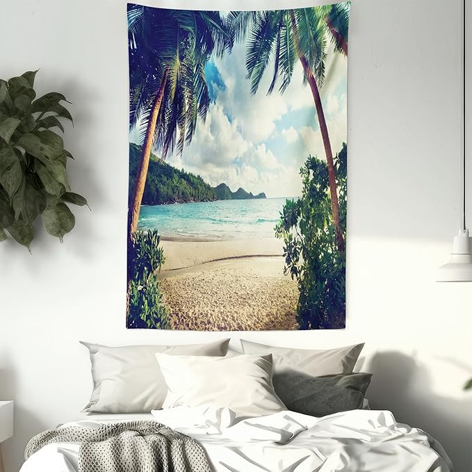 Ambesonne Palm Tree Tapestry Queen Size, Summer Beach Vintage Style Tropical Sunset Picture Print, Wall Hanging Bedspread Bed Cover Wall Decor, 88" X 88", Dark Green Sand Brown