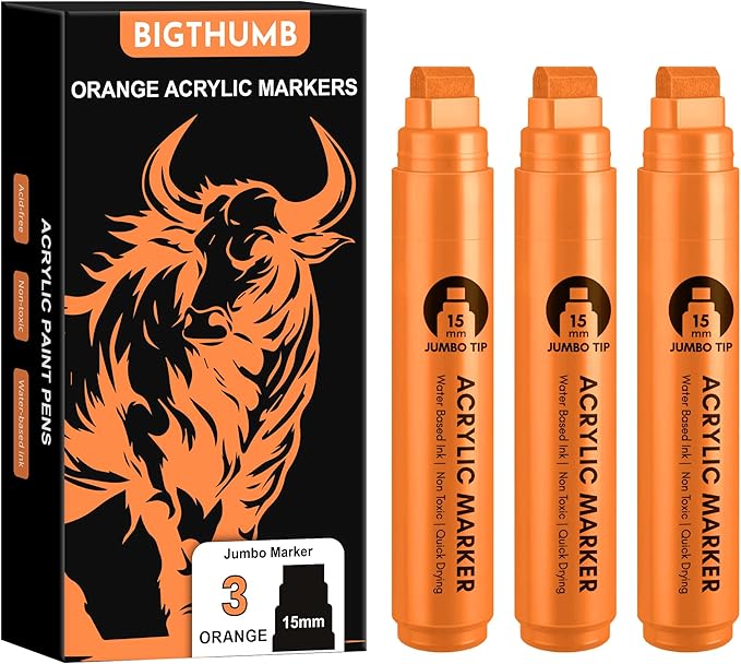 3 Pcs Orange Jumbo Permanent Markers: 15mm Wide Tip Thick Acrylic Paint Pen Large Calligraphy Marker for Rock Painting, Poster, Sign, Canvas, Glass, Wood, Ceramic
