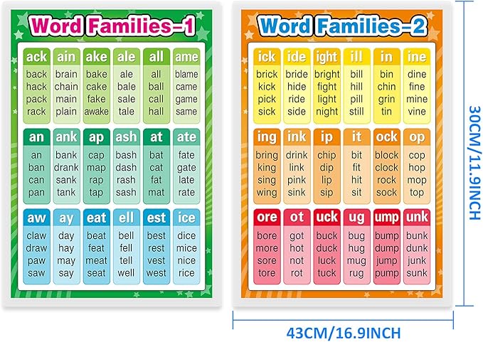 5 Pieces Laminated Educational Posters Sight Words and Word Families Posters Learning Charts, Decorations, Decor, 17 x 12 Inch