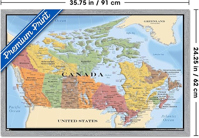 Map - Canada Wall Poster, 34L" x 22.4W", Gray Framed Version