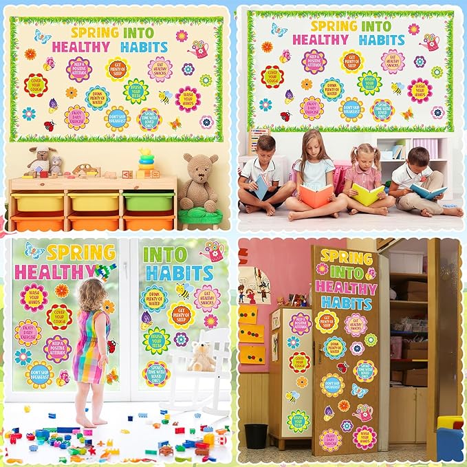 Epakh Spring Health Bulletin Board Decorations Set Spring Flowers Classroom Decor Flower Bee Butterfly Accents Paper Cutouts for Door Wall School Spring Theme Party Supplies(Healthy Habits)