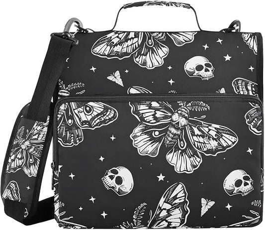3 Ring Zipper Binder with Shoulder Strap Skull Moon Moth Black Skeleton 1.5 inch Binders Keeper Large Capacity Multi Pockets for School Office Supplies