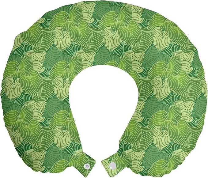 Ambesonne Green Travel Pillow Neck Rest, Abstract Hosta Plants Forest Growth Leaves Ecology Jungle Theme, Memory Foam Traveling Accessory for Airplane and Car, 12", Fern Lime and Pale Green