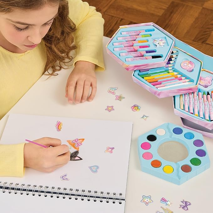 Make It Real: Creative Heart Art Set - 68pc Supplies Kit, Hexagon Stacked Trays Studio, Watercolors-Color Pencils-Markers-Stickers, Tween-Girl-Kids 6+