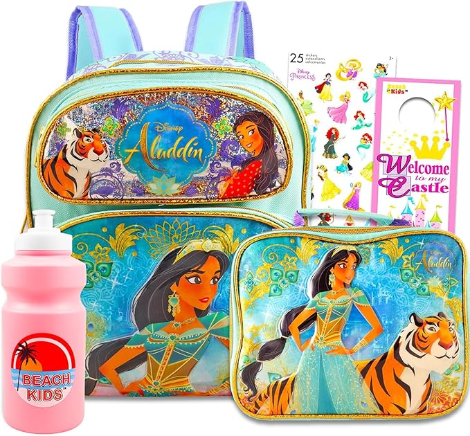 Disney Aladdin Backpack and Lunch Box Set for Kids - Bundle with 12" Princess Jasmine Mini Backpack, Jasmine Lunch Bag, Stickers, Water Bottle, More | Aladdin Mini Bag for Girls