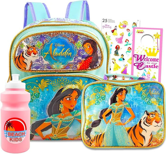 Disney Aladdin Backpack and Lunch Box Set for Kids - Bundle with 12" Princess Jasmine Mini Backpack, Jasmine Lunch Bag, Stickers, Water Bottle, More | Aladdin Mini Bag for Girls