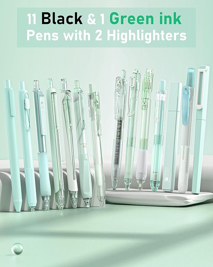 Four Candies Writing Ink Pens with Black & Green Ink and 2Pack Highlighter, Retractable 0.5mm Smooth Fine Point Pens,Green Pens for School, Office Girly Stationery Aesthetic Desk Accessories Set of 14