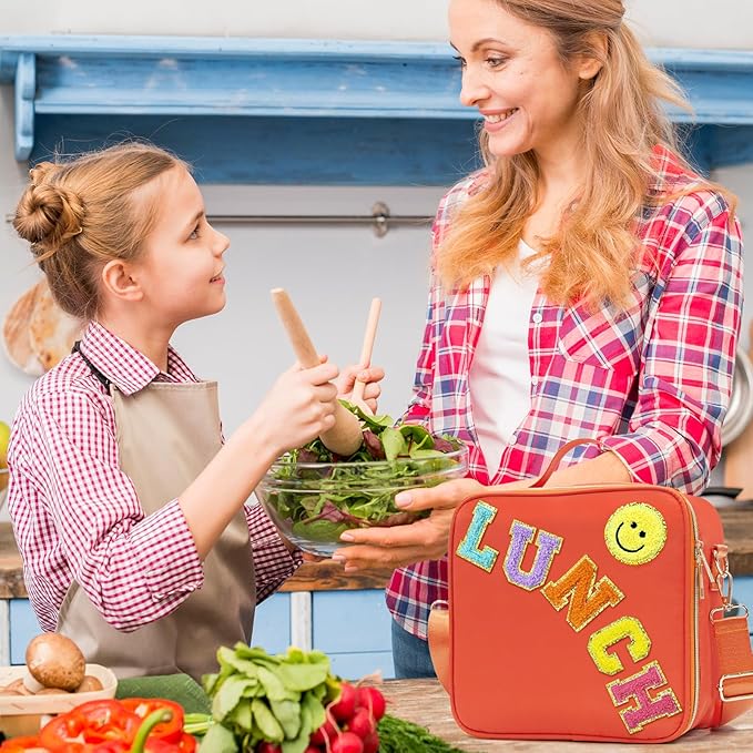 Insulated Lunch Bag Women Lunch Box Kids for Teen Girls Boys, Cute Preppy Lunch Boxes With Adjustable Shoulder Strap, Waterproof Nylon Lunchbox Lunch Bags for School Work Picnic (Orange)
