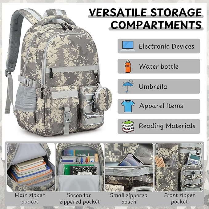 School Backpack for Boys - Camo Boys Backpack for Kids Teens Elementary, Middle & High School Bookbag Daypack with Camouflag Design,18″ Large Capacity with Usb Charging Port & Key-chain
