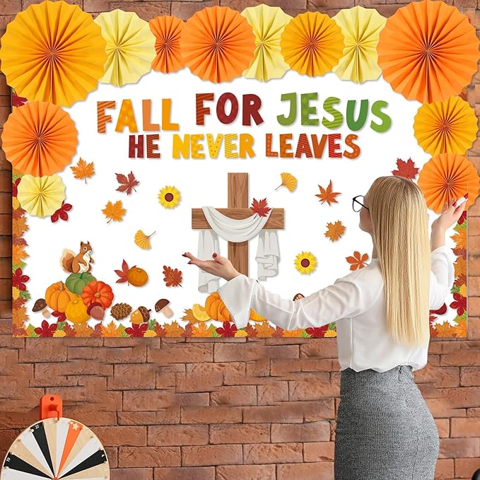 Fall Christian Bulletin Board Decorations Set Fall for Jesus He Never Leaves Paper Cutouts for Classroom Autumn Sunday School Church Cross Cutout for Religious School Office Wall Decor
