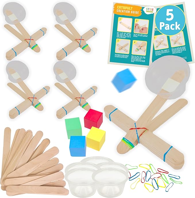 Craft Stick Catapults Kit – Supplies for 5 Catapults, Complete STEM Project for Kids with Instructions, Ages 8 and up
