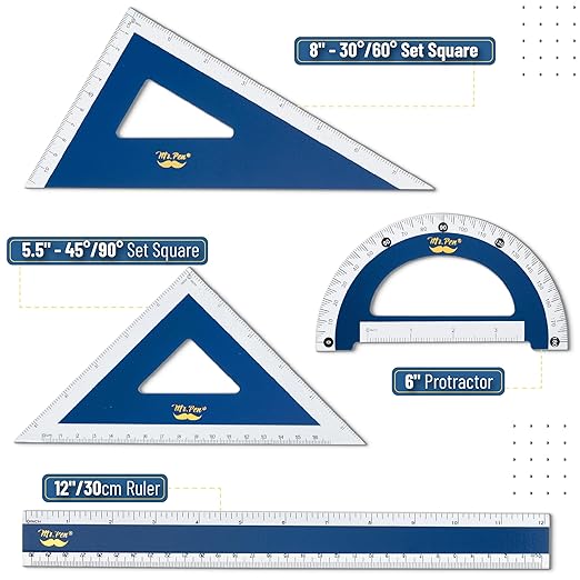 Mr. Pen- Wooden Geometry Set, 4 Pack, Triangle Ruler Set Square, Protractor Set, Protractors, Drafting Triangle, Drafting Tools & Drafting Kits, Geometry Kit, Drawing Tools