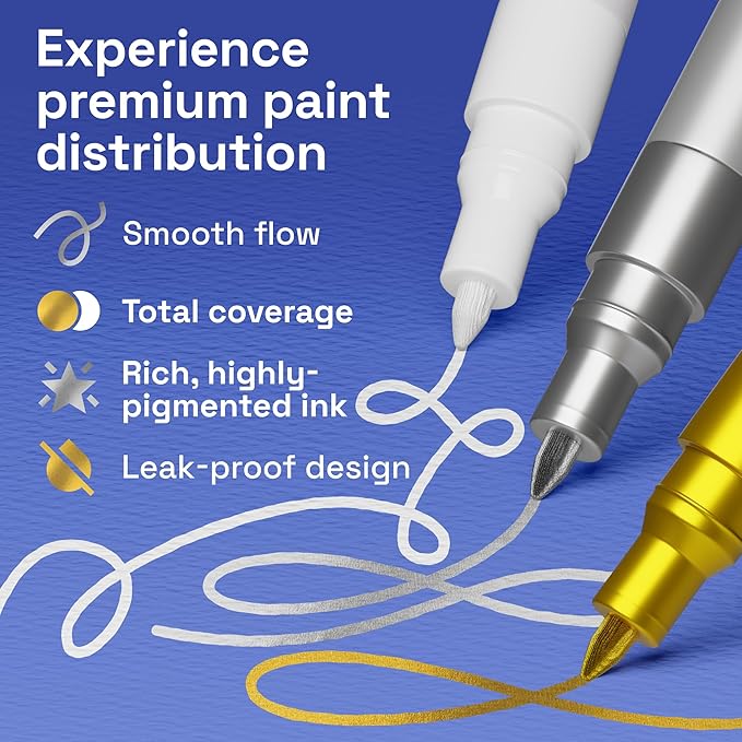 ARTISTRO White, Gold & Silver Acrylic Paint Pens – 0.7mm Extra Fine Tip Paint Pens for Crafts, Greeting Cards, Ornament Decor, Rock Painting, DIY Art