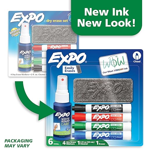 EXPO Dry Erase Markers Kit, Chisel Tip, Assorted Colors, Eraser, Spray Cleaner, 6 Count - Whiteboard, Calendar, Office Essentials, School, Classroom, Teacher Supplies