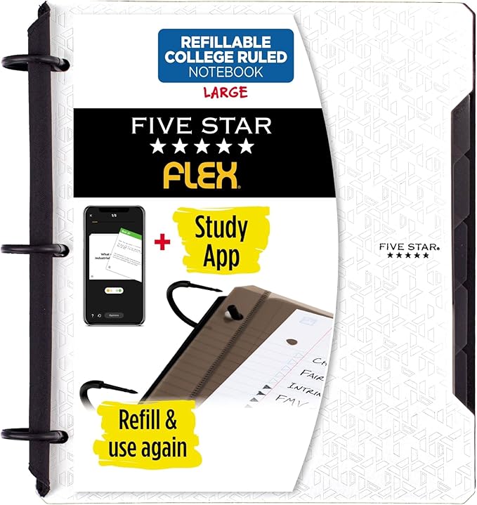 Five Star Flex Refillable Notebook + Study App,College Ruled Paper and 1 Inch TechLock Ring Binder with Pockets,Tabs and Dividers,200 Sheet Capacity,White (29328AE2),(Pack of 6)