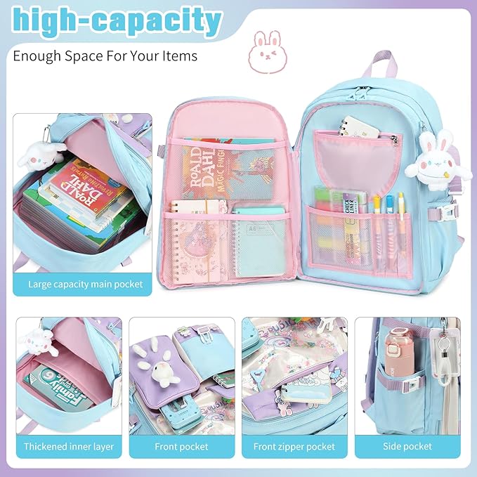 Backpack for Girls Cute Bookbag Set with Lunch Box Pencil Case Kawaii Bunny School Backpacks for Girl 3 Pcs Kindergarten Elementary Preschool Middle Sequin School Bag for Girls (Blue)