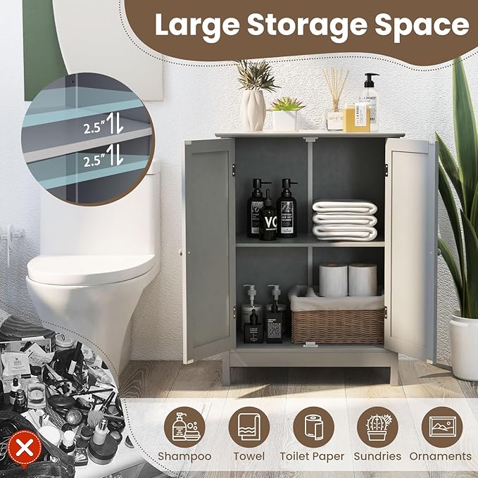 COSTWAY Bathroom Storage Cabinet, Freestanding Bathroom Organizers and Storage with Doors & Adjustable Shelf, Wooden Floor Cabinet for Home, Living Room, Entryway, Kitchen (Grey)