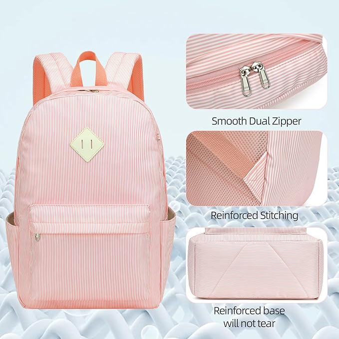 School Backpack for Girls, 3PCS Bookbags Set with Lunch Box Pencil Pouch Elementary Middle School Bag Laptop Back Packs (Stripes Pink)