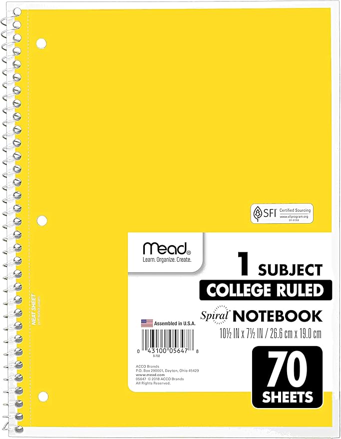 Mead Spiral Notebooks, 6 Pack, 1-Subject, College Ruled Paper, 10-1/2" x 8”, 70 Sheets per Notebook, Assorted Colors (73065)…