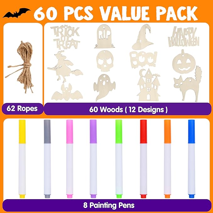 JOYIN 60 Pcs Halloween Craft Wooden Painting Kit, Halloween Party Supplies, Party Favors for Kids, Wood Blank Cutouts Ornaments, Gift Tags Decor for School Art DIY Activities Goodies Games
