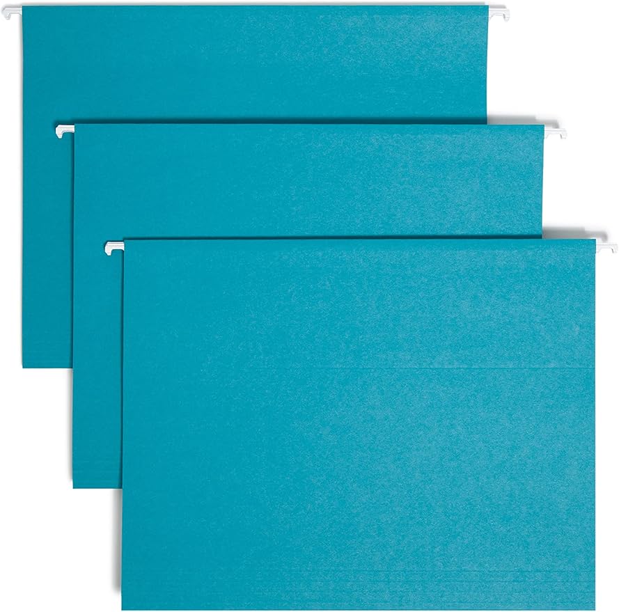 Smead Colored Hanging File Folder with Tab, 1/5-Cut Adjustable Tab, Letter Size, Teal, 25 per Box (64074) (Pack of 1)