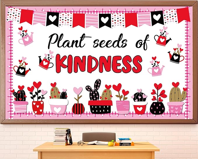 Valentine's Day Bulletin Board Set Plant Kindness Valentines Classroom Decorations Positive Motivational Potted Plant Love Heart Paper Cutouts for Party School Home Chalkboard Wall Decor Supplies