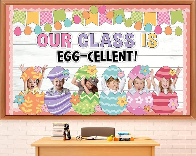 Easter Bulletin Board Decoration Set Easter Egg Paper DIY Photo Craft Cutouts Our Class is Egg-Cellent Spring Classroom Decoration for Holiday Party Teacher School Home Office Chalkboard Wall Decor