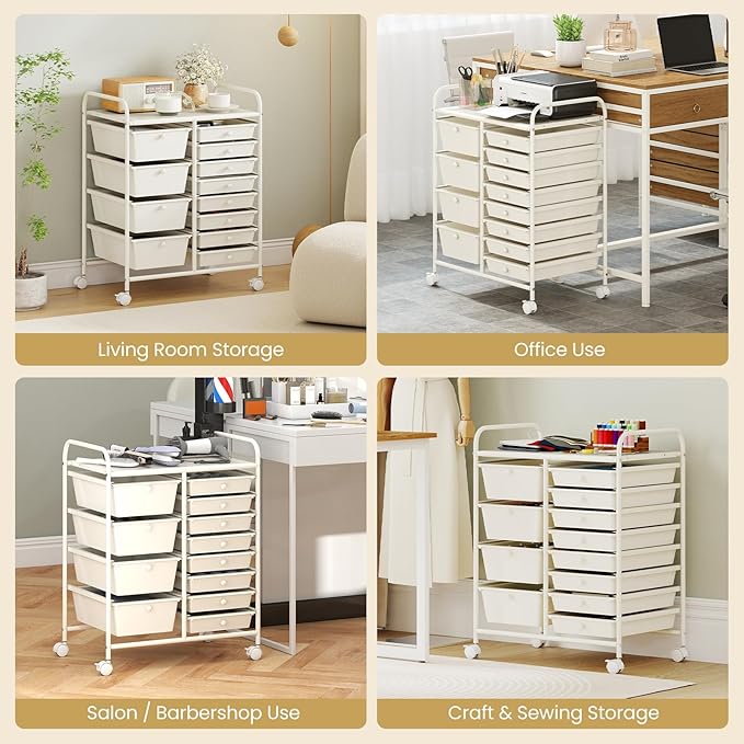 COSTWAY 12 Drawer Rolling Storage Cart, Mobile Utility Cart with Metal Frame, Art Supply Craft Organizer, Multipurpose Storage Organizer for Paper, Office, School Teacher, Classroom, White