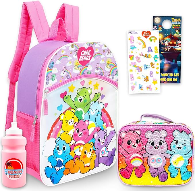 Care Bears Backpack and Lunch Box Set - Bundle with 16" Backpack, Lunch Box, Water Bottle, Stickers, More | Care Bears School Bag for Kids, Girls