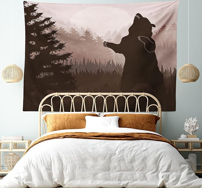 Ambesonne Nature Tapestry, Silhouette of Wild Bear in the Jungle Woodland at Dark Night Illustration, Fabric Wall Hanging Decor for Bedroom Living Room Dorm, 28" X 23", Army Green Pale Peach