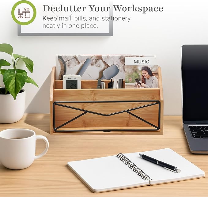 Prosumer's Choice Bamboo Desk Organizer for Office and Home – Natural Bamboo Mail Organizer for Countertop - Wooden Desktop Organizer for Mail, Files, Letters, and Tabletop Storage