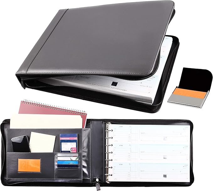 2Fold Zippered Business Checkbook Binder - 7 Ring Binder for Business Checks with Built-in Organizer and Card Case - PU Leather Portfolio for up to 600 3-Up Checks (Gray)
