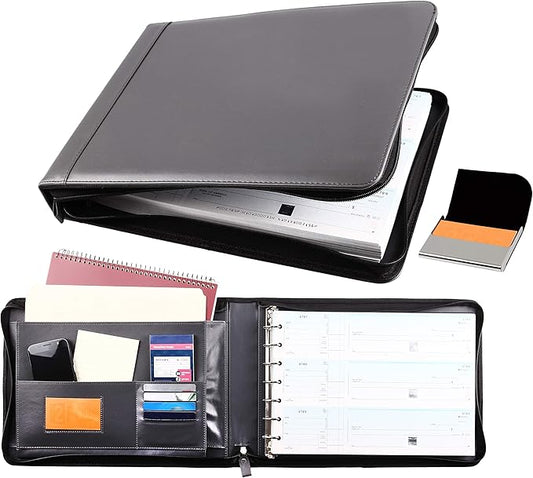 2Fold Zippered Business Checkbook Binder - 7 Ring Binder for Business Checks with Built-in Organizer and Card Case - PU Leather Portfolio for up to 600 3-Up Checks (Gray)