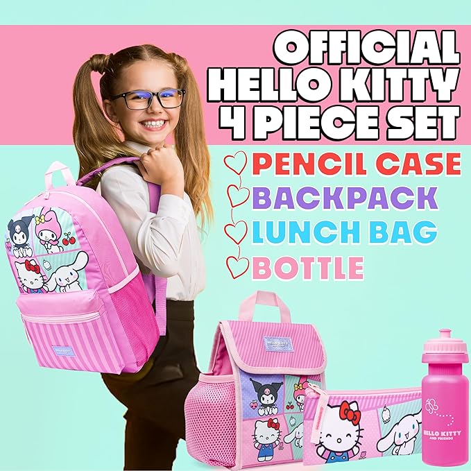 Hello Kitty Sanrio Backpack Set for Girls 4 Pcs Water Bottle Lunch Bag Pencil Case School Supplies Cinnamoroll Kuromi My Melody Gifts for Girls