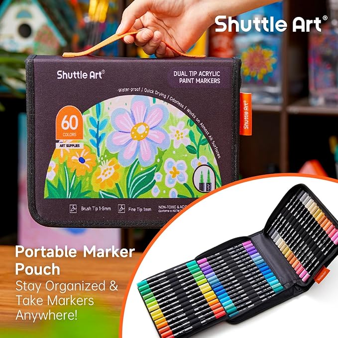 Shuttle Art 60 Colors Dual Tip Acrylic Paint Markers, Brush Tip and Fine Tip Acrylic Paint Pens for Rock, Ceramic, Wood, Canvas, Plastic, Glass, Stone, Calligraphy, Card Making, Crafts & Nail Art