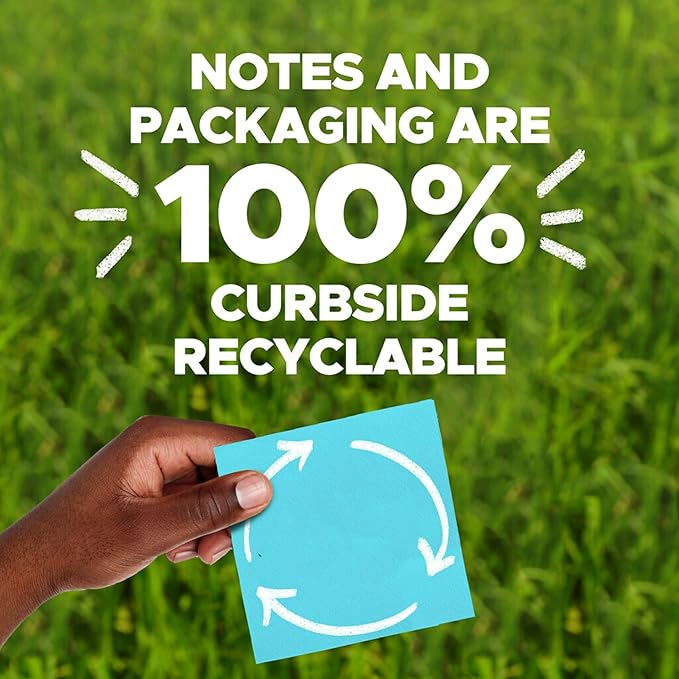 Post-it 100% Recycled Paper Super Sticky Notes, 3 in. x 3 in., 12 Pads, 70 Sheets per Pad, Oasis Collection, New Year Organization or Second Semester School Supplies