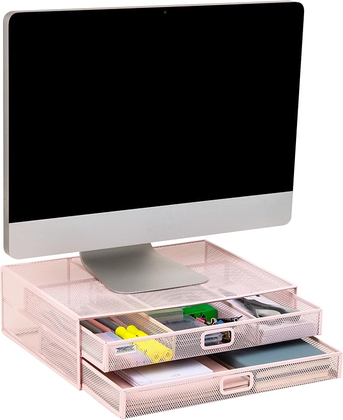 Mind Reader Mesh Monitor Stand with Storage Drawer, Ventilated Laptop Riser and Desktop Organizer, Office, Metal Mesh, Pink