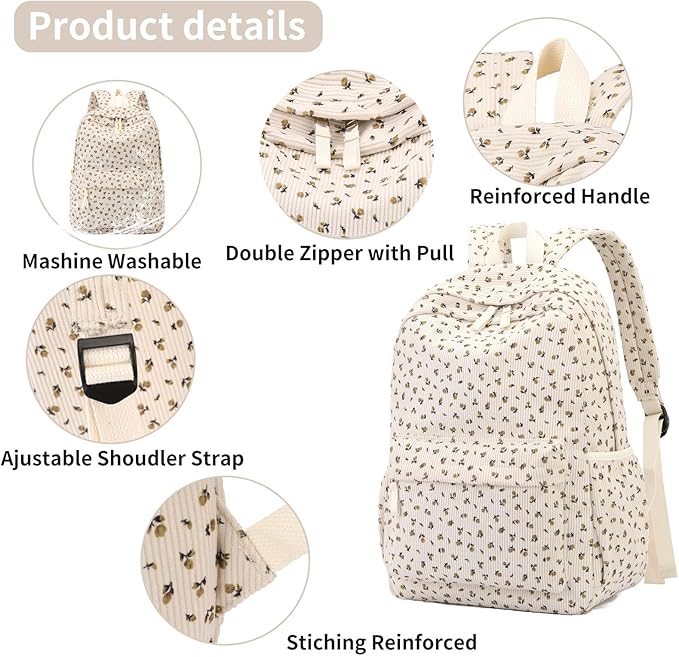Backpack for Girls Boy Teen Corduroy Bookbags Elementary Middle High School Women Laptop Bag with Lunch Box Pencil Bag (Flower Beige)
