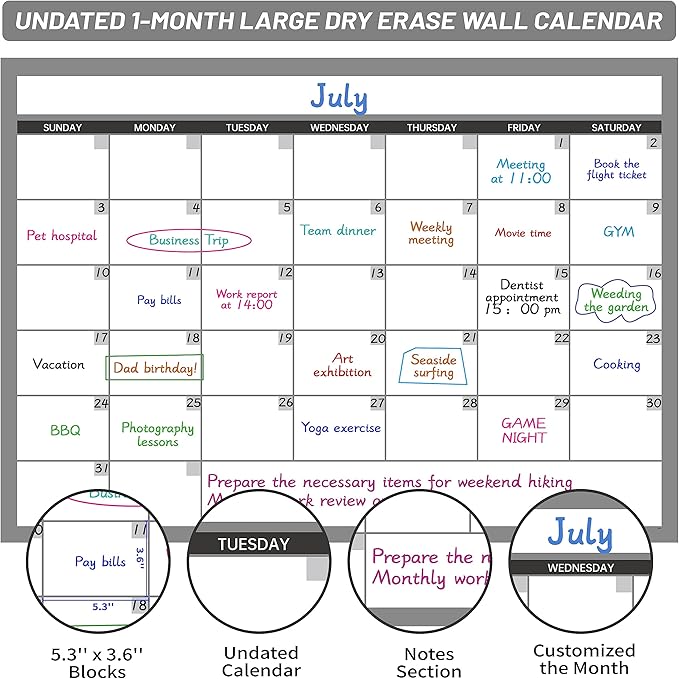 Large Dry Erase Calendar for Wall, Undated 1 Month Wall Calendar, 40" x 28" Erasable & Reusable Laminated Calendar, 10 Round Stickers, Great Layout Wall Calendar Monthly for Home Office School