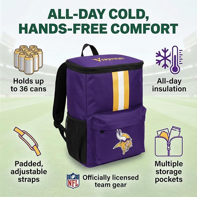 Cooler Backpack – Portable Soft Sided Ice Chest – Insulated Bag Holds 36 Cans - Football Gear – Show Your Team Spirit with Officially Licensed Fan Gear