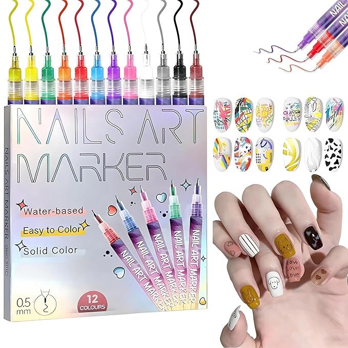 12 Colors Nails Art Pens Set,0.55mm Ultra Fine Tip,Upgraded Gel Nail Markers for 3D Designs,DIY Nail Painting Detail Drawing Tools(A-1 Set)
