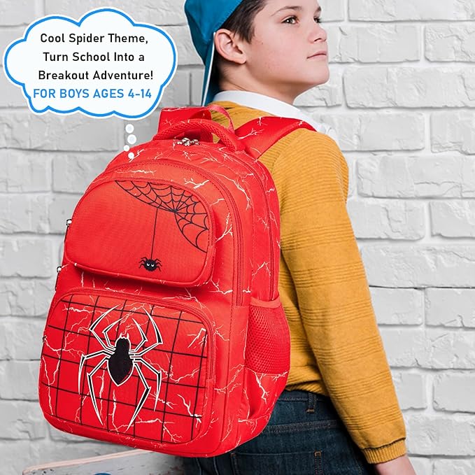 Boys Backpack with Lunch Box Glow in Dark Bookbag Kids Ages 4-12 Kindergarten Elementary School Spider Backpack, Luminous Spider Red
