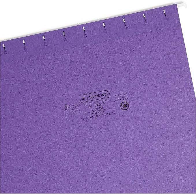 Smead Colored Hanging File Folder with Tab, 1/5-Cut Adjustable Tab, Letter Size, Purple, 25 per Box (64072) (Pack of 1)
