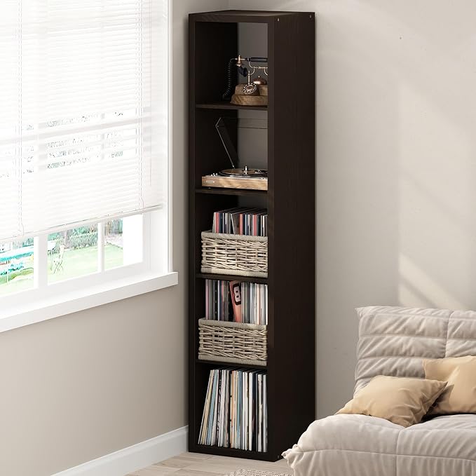 Furinno Cubicle Record Player Stand with Vinyl Storage, 5-Cube 1.2 Extra Thick Vinyl Record Storage, Open Back Media Shelf for CD DVD Blueray Game Disc, for Living Room, Home Office, Black Dark Oak