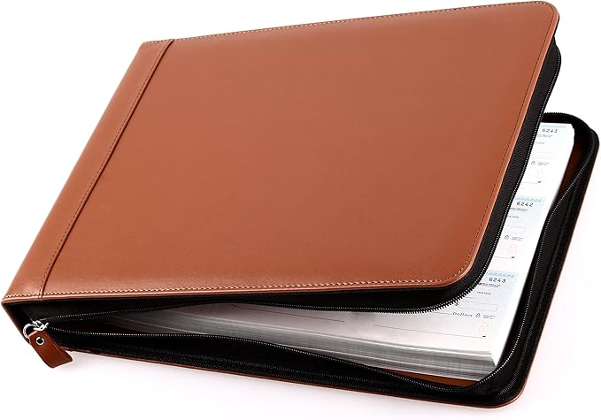 2Fold Zippered Business Checkbook Binder - 7 Ring Binder for Business Checks with Built-in Organizer and Card Case - PU Leather Portfolio for up to 600 3-Up Checks (Light Brown)