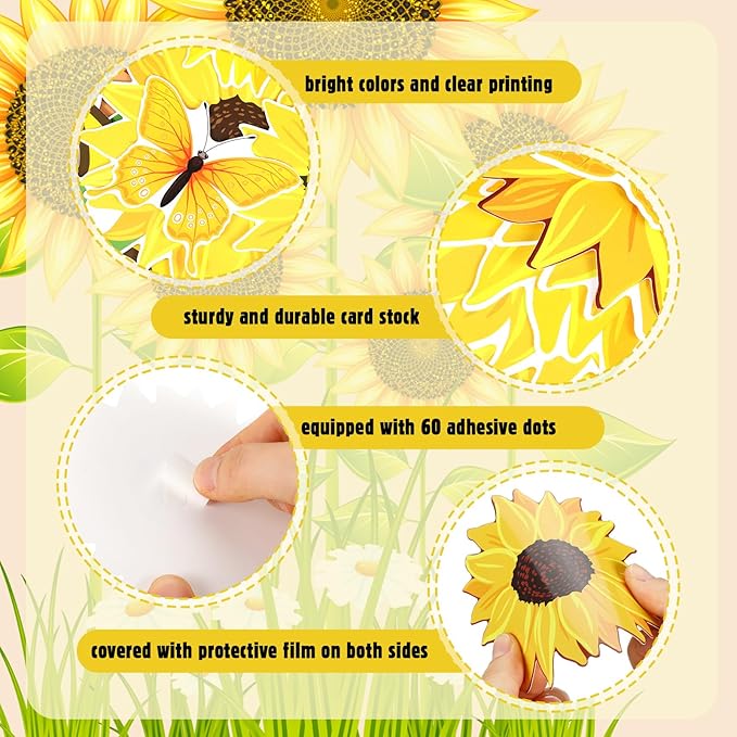 Janlaugh 72 Pcs Sunflower Bulletin Board Decorations with Paper Fans Summer Butterflies Flowers Classroom Bulletin Board Set Sunflower Cutouts for Classroom Office Window Wall Back to School Decor