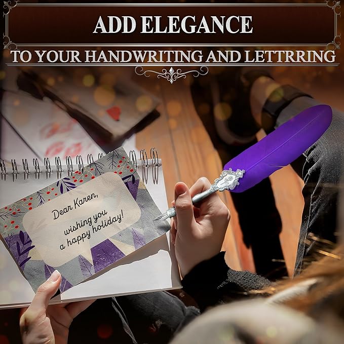 Victorian Writing Quill and Ink Set – Stainless Steel Dip Pen Feather Quill Pen and Ink Set with 5 Nib Refills, Secure Textured Grip, Gift-Ready Box with Display Stand – Calligraphy Gift Set (Purple)