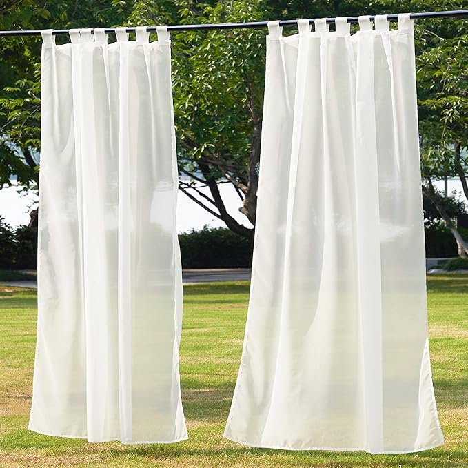 NICETOWN Outdoor Sheer Curtain for Patio Waterproof, Detachable Sticky Tab Top Elegant Sheer Panel Lightweight Drape for Pergola with Rope Tieback, 1 Panel, W54 x L84, Beige