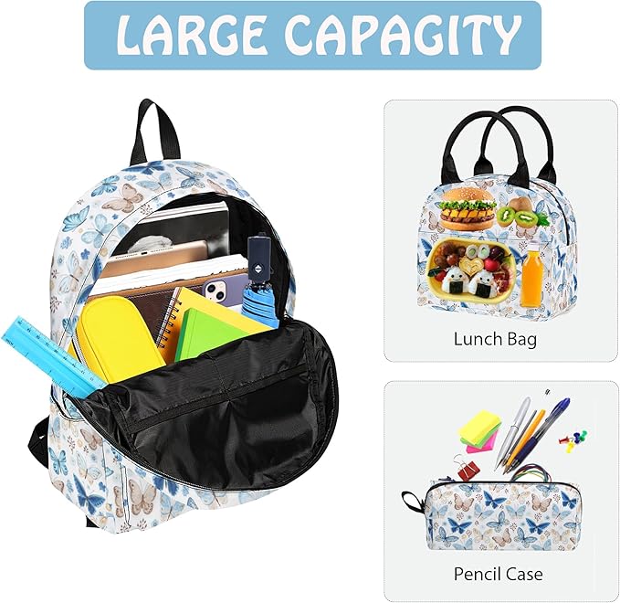 Butterfly 3PCS Backpack Set for Teens Elementary Middle High School, 17 Inch Lightweight Classic Bookpack 3 in 1 Set for Girls Boys, Kids Back to School Backpack with Lunch Box Pencil Case